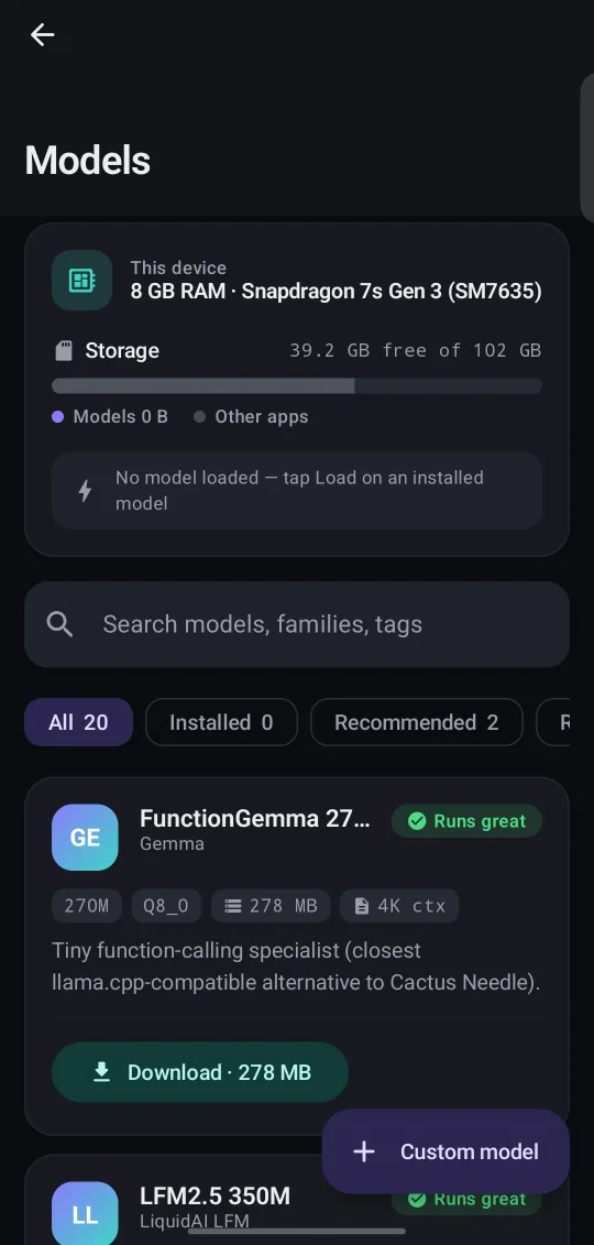 PocketMind Model catalog screen: 20 models with a device-fit badge for your phone.