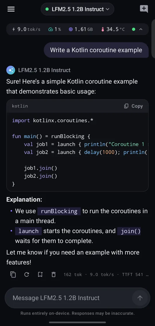PocketMind Code & Markdown screen: Streaming answers with syntax-highlighted code.