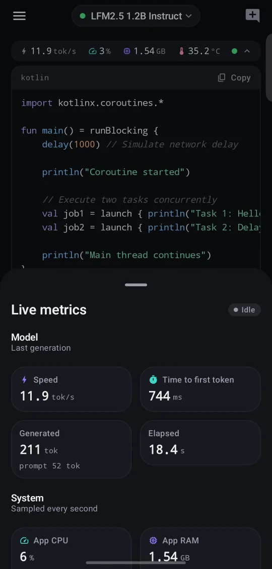 PocketMind Live metrics screen: Speed, first-token time, CPU and RAM per reply.