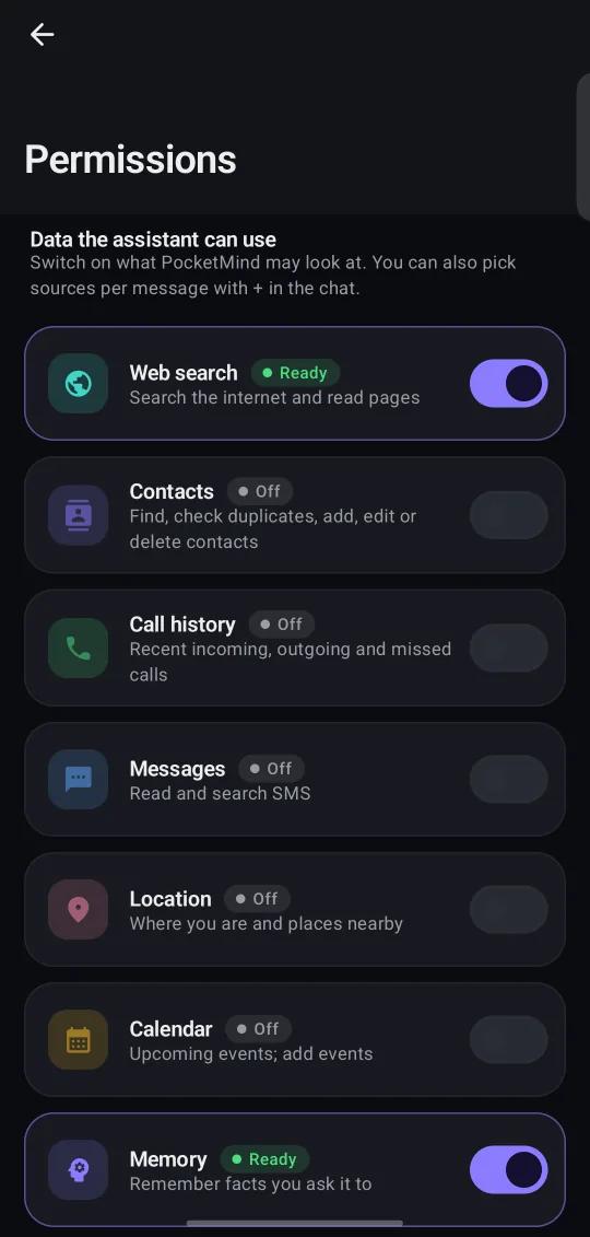 PocketMind Permissions screen: Switch on only the data you want it to use.