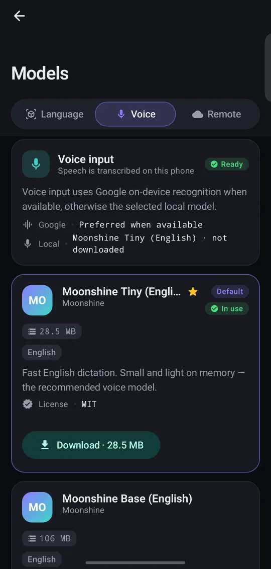 PocketMind Voice models screen: On-device speech recognition, from 28.5 MB.