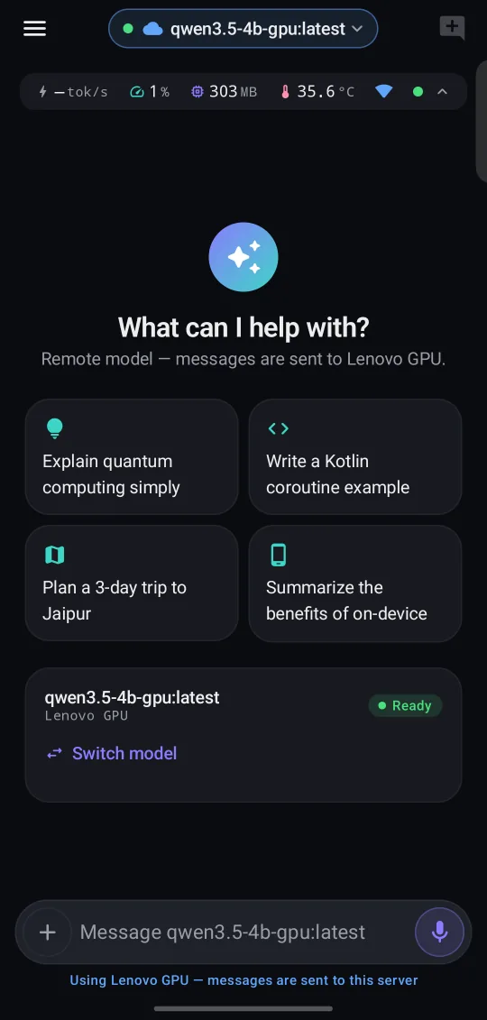 PocketMind Remote models screen: Use your own GPU server, clearly labelled.